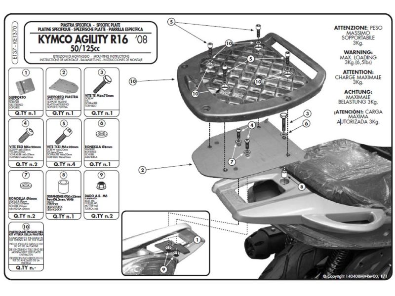 GIVI Kit de Montagem E para Topcases Monolock Kymco Agility 50 / 125 R16 (2008-)